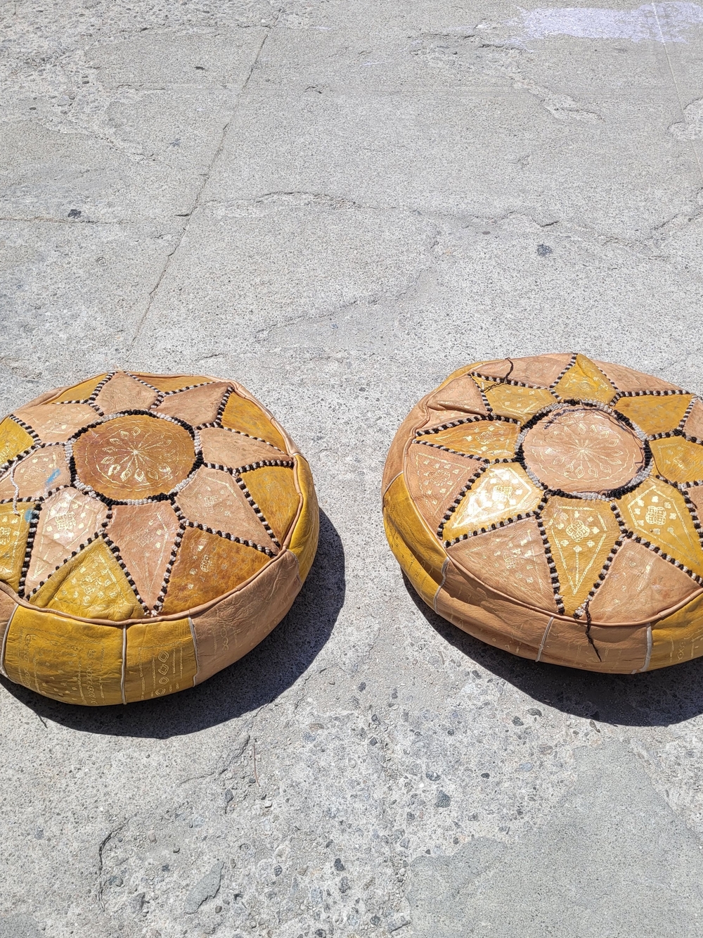 Handcrafted Yellow Leather Floor Pouf - Moroccan Style
